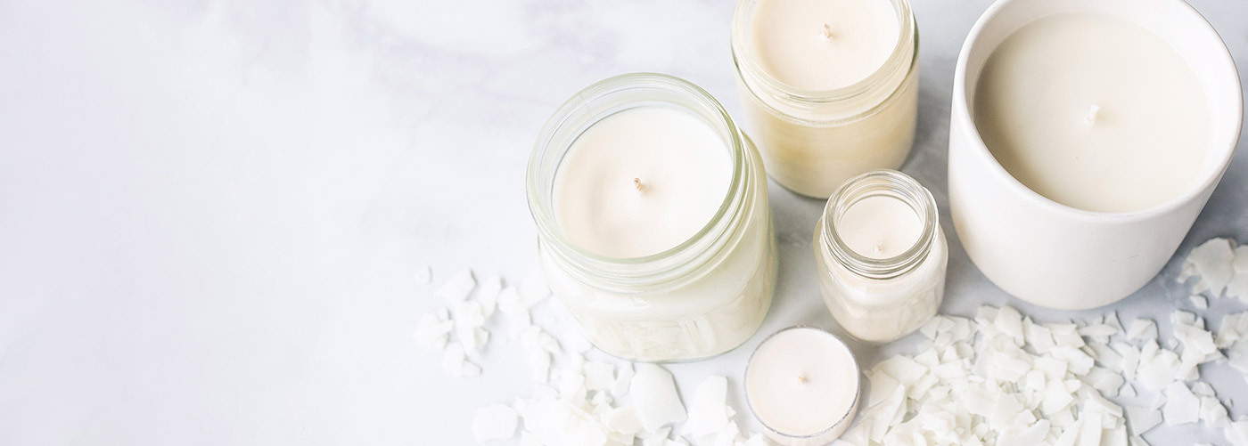 Soy candles in various containers.